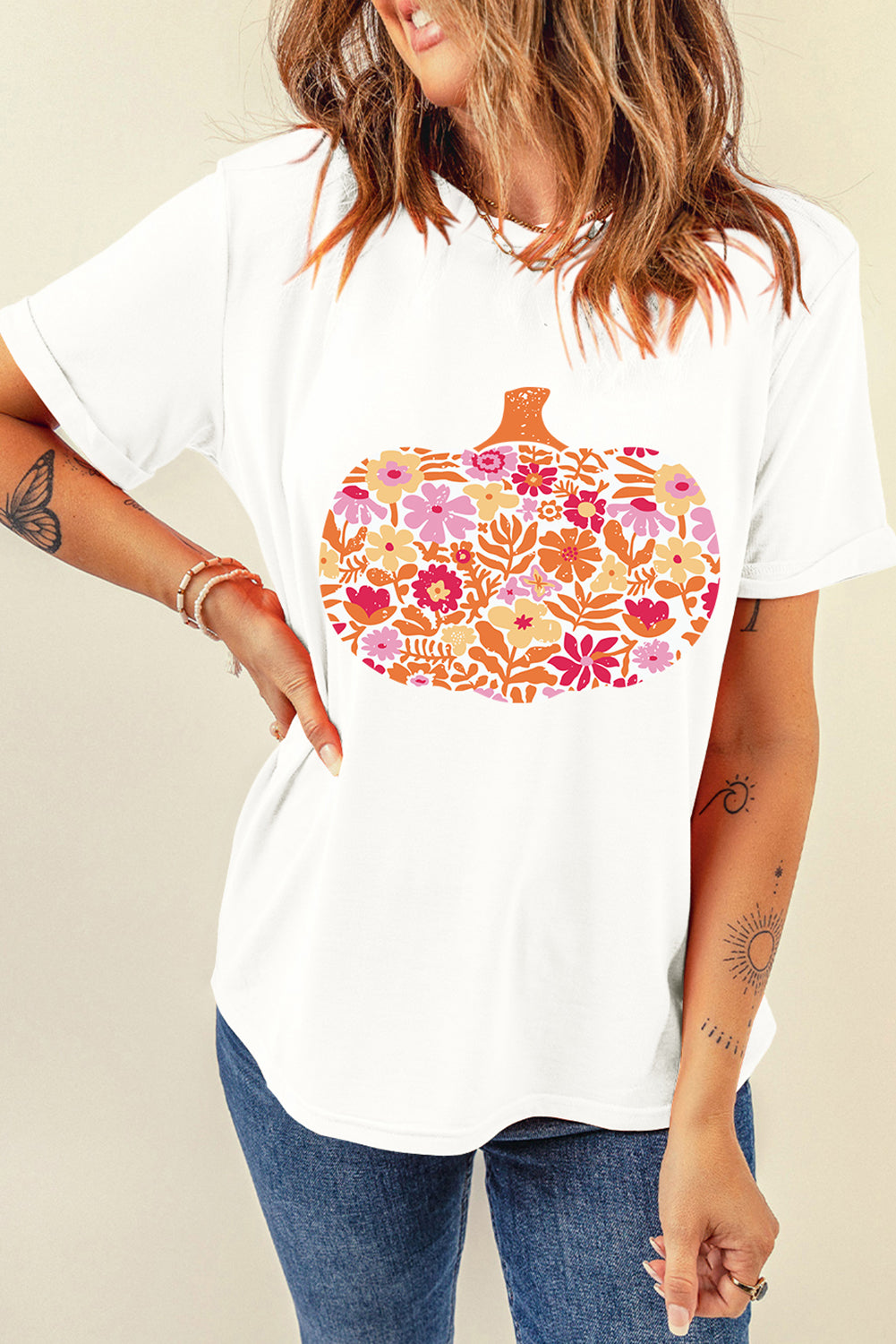 White Floral Pumpkin Graphic Fashion Tee