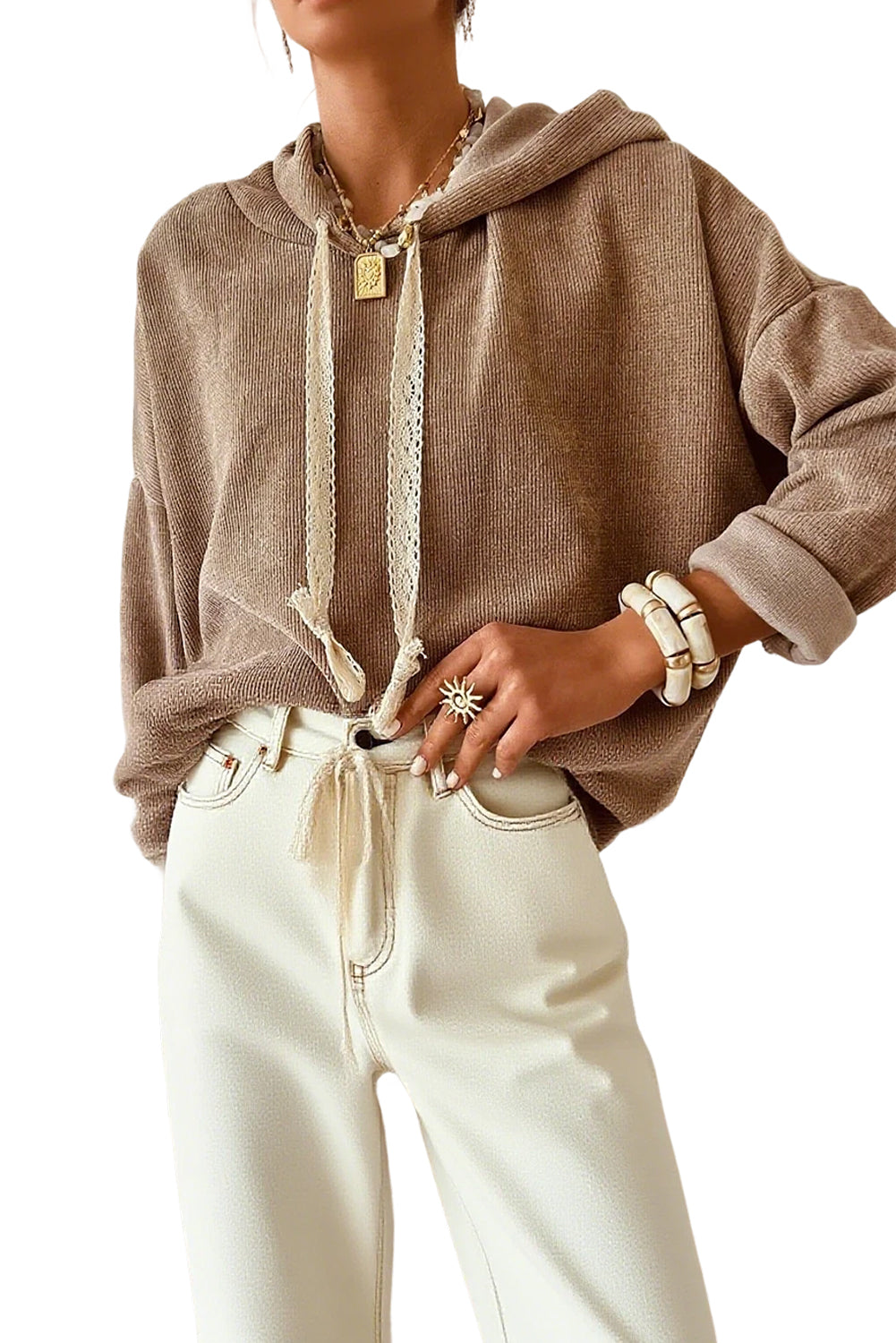 Sudadera holgada con cordón ajustable y textura de encaje térmico color rosa tostado