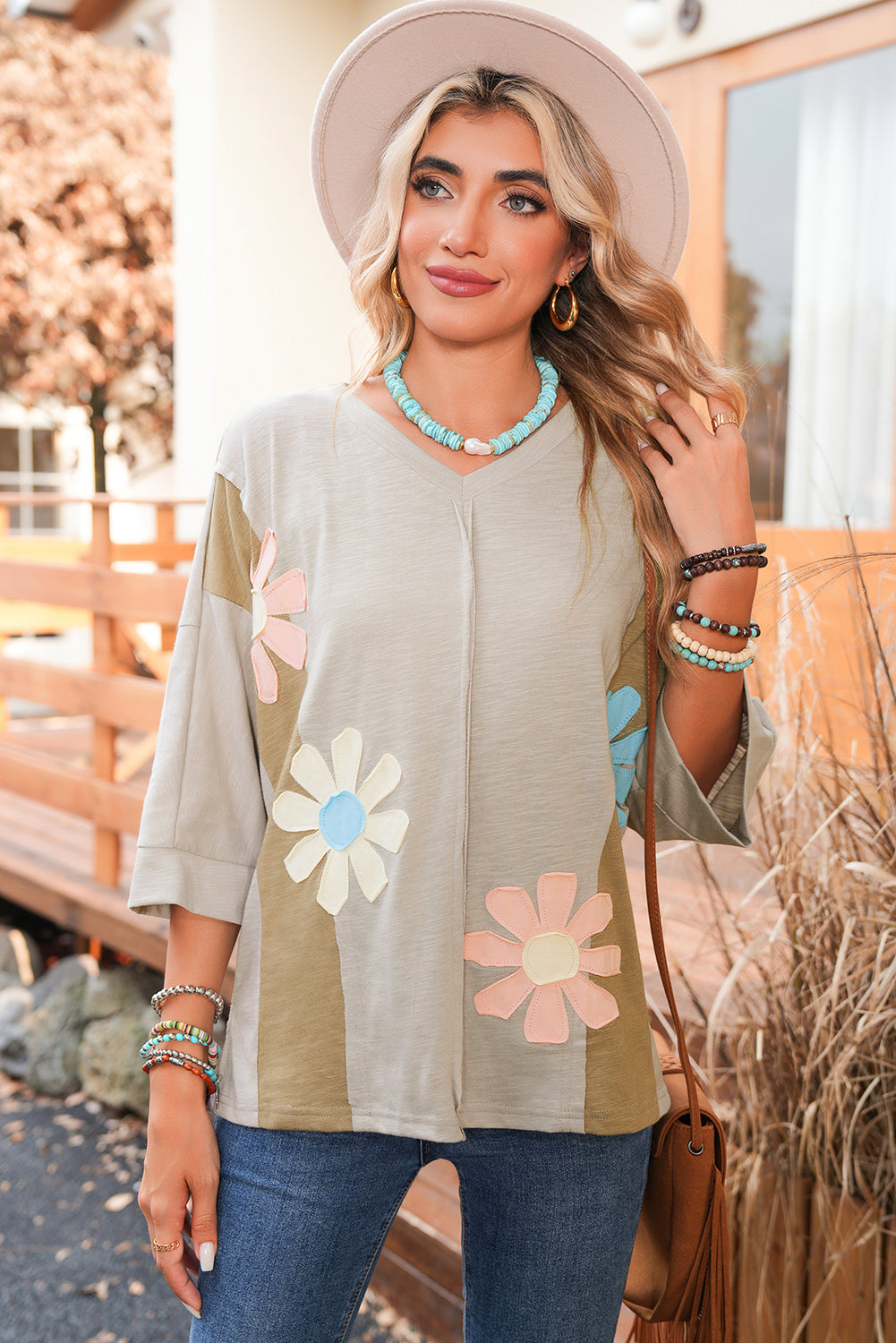 Light Blue Flower Patched Exposed Seam 3/4 Sleeve top