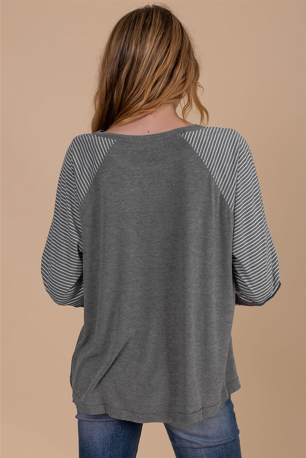Medium Grey Contrast Print Striped Raglan Long Sleeve Loose Top