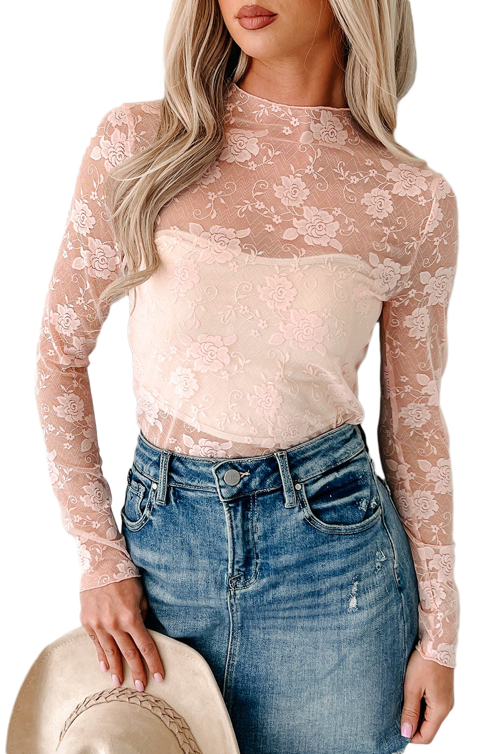 Apricot Pink Mock Neck Floral Lace Mesh Long Sleeve Top