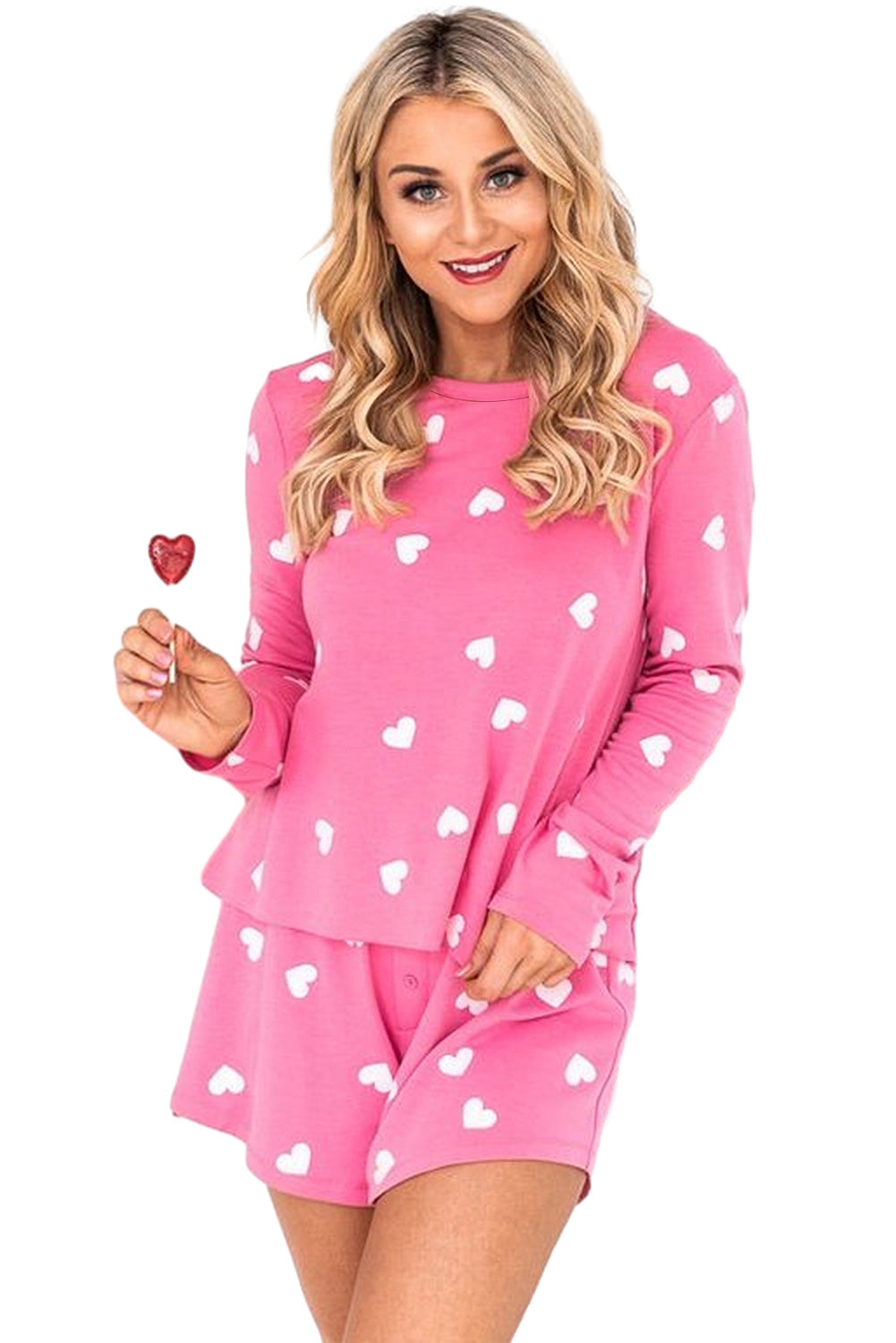 Conjunto de pijama con top de manga larga y pantalones cortos con estampado de corazón de San Valentín en color rosa