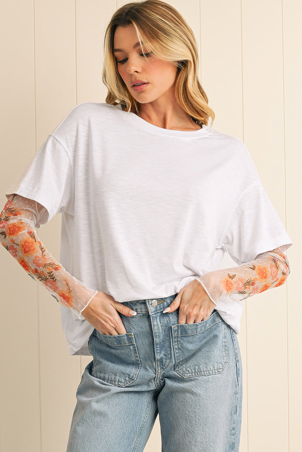 Black Floral Mesh Sleeve Fake Two-Piece Top