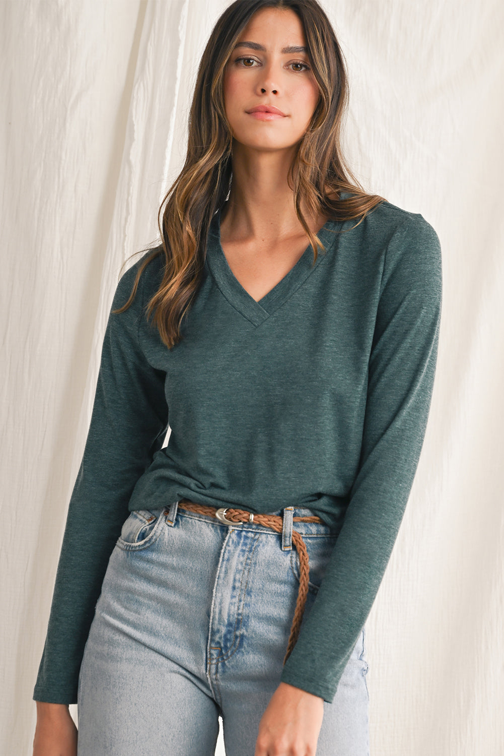Misty Green Solid V-Neck Long Sleeve Top
