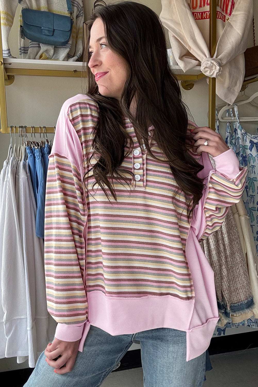 Pink Striped Patchwork Button V Neck Pullover Sweatshirt