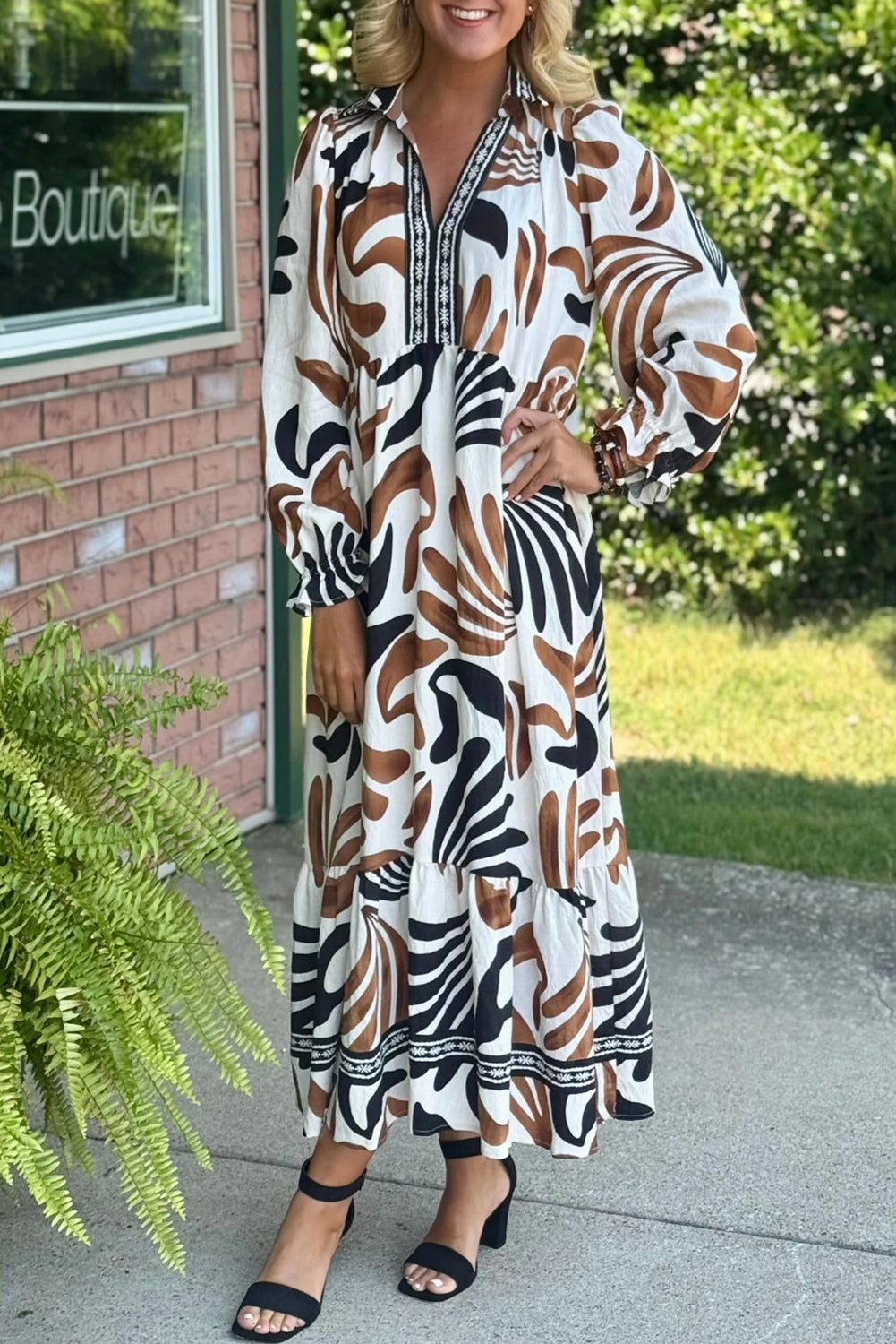 Brown Tropical Print Contrast Trim Neck Long Sleeve Ruffle Hem Dress