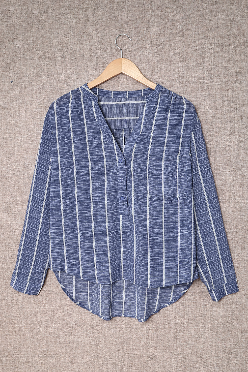 Blue Striped Print V Neck Half Buttons Loose Blouse