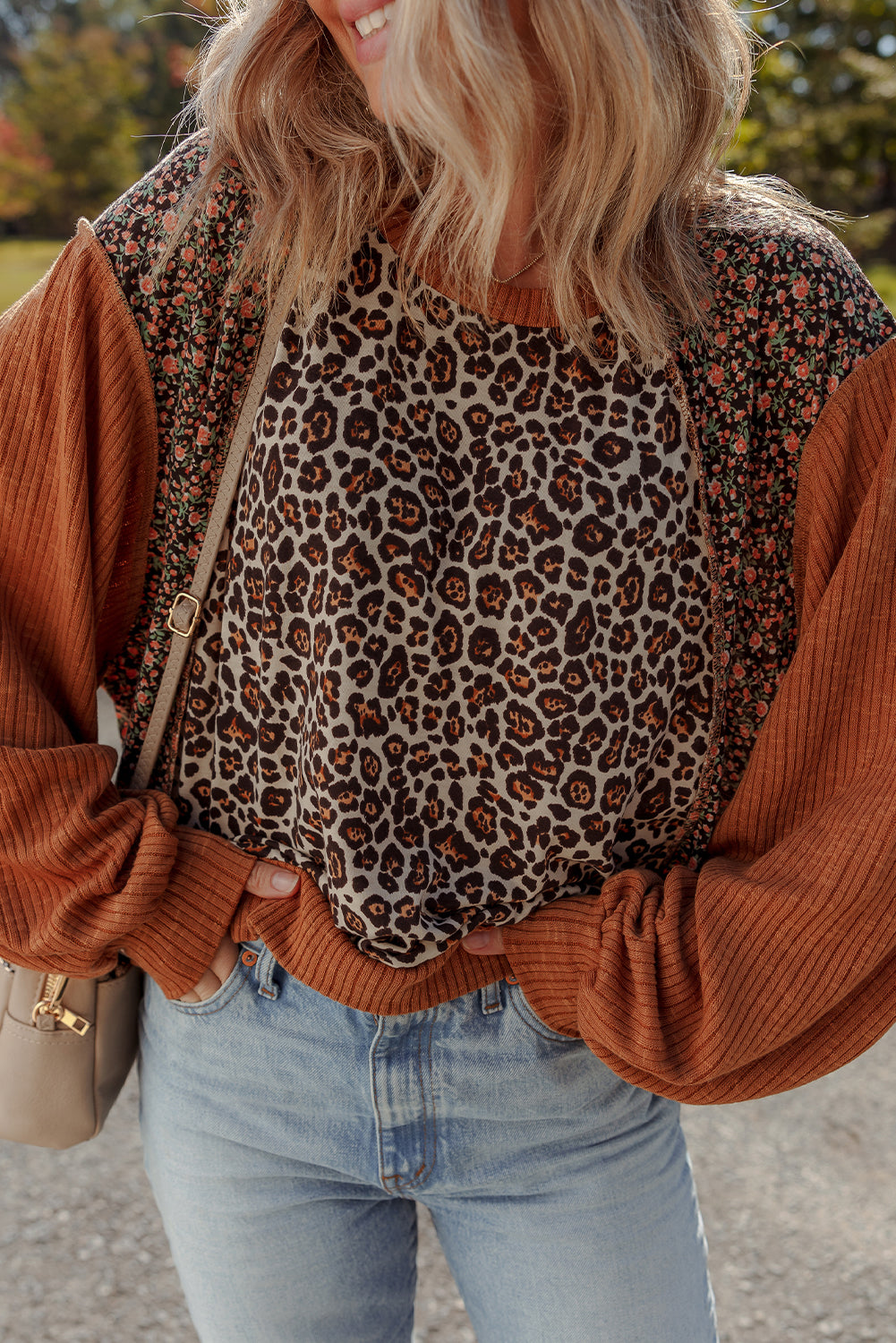 Brown Leopard Floral Print Ribbed Patchwork Puff Sleeve Loose Pullover