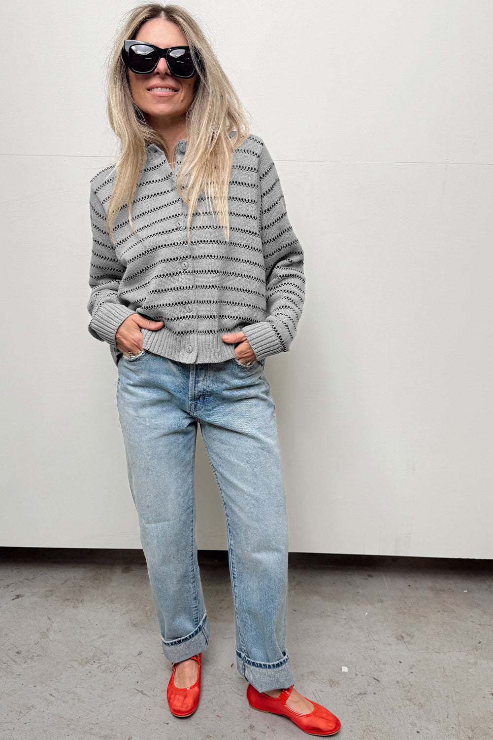 Gray Stripe Button Front Ribbed Trim Short Cardigan