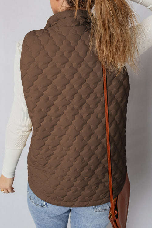 Gilet d'hiver matelassé marron foncé à motif floral et fermeture éclair à boutons-pression