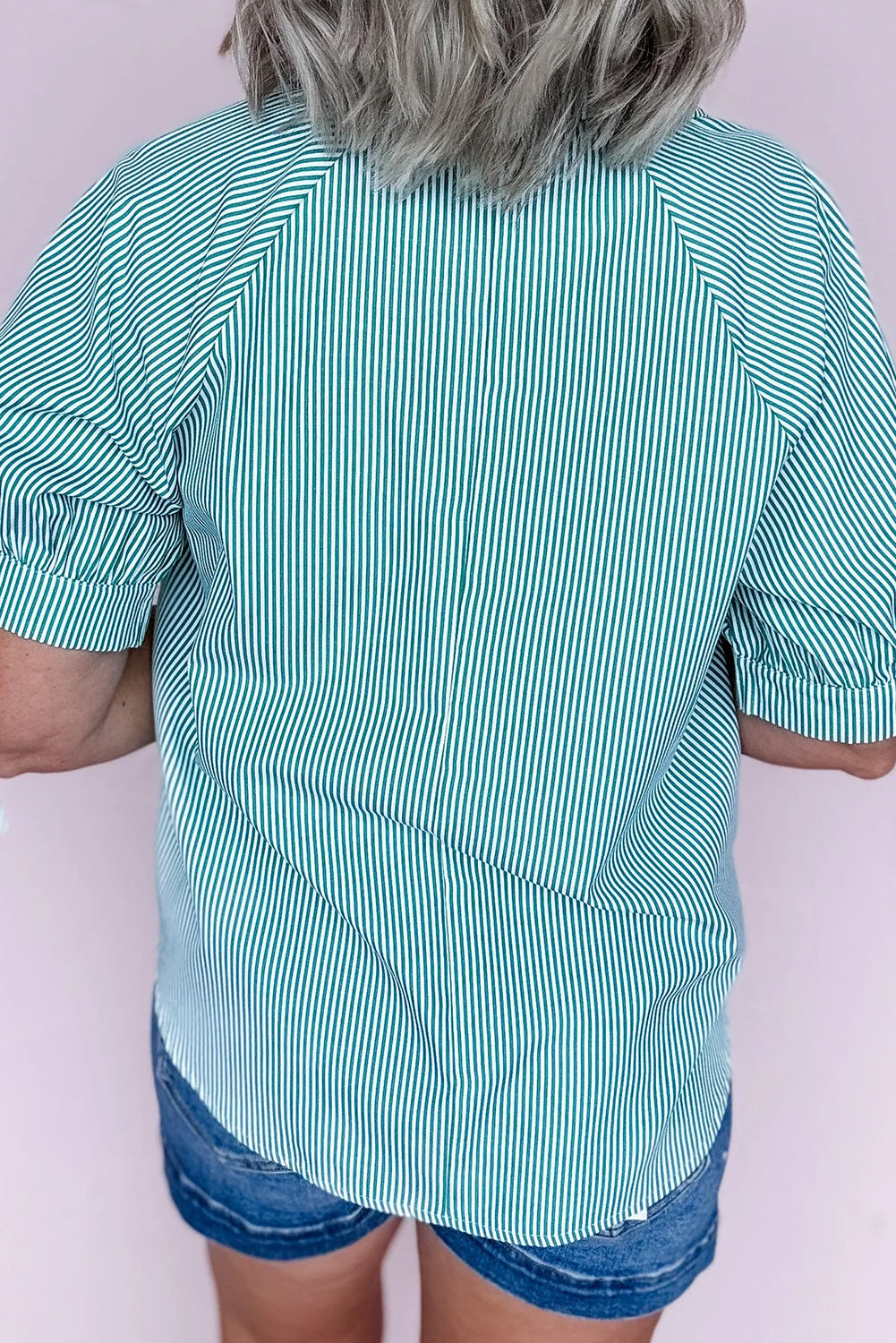 Mint Green Striped V Neck Collared Bubble Sleeve Blouse