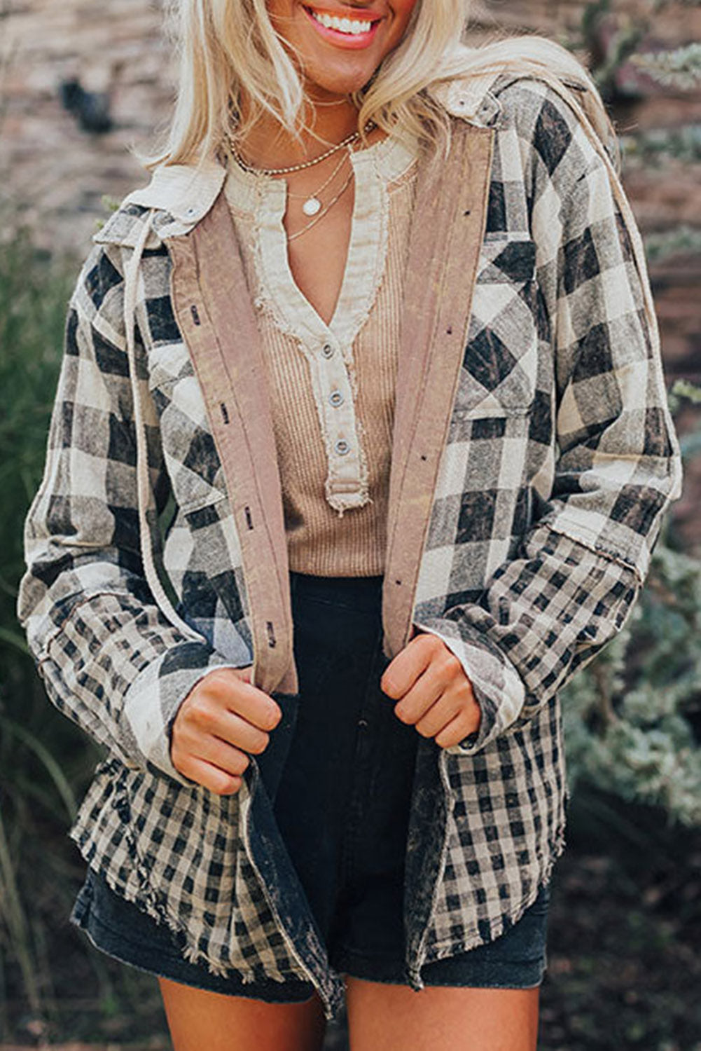 Black Plaid Patchwork Drawstring Hooded Raw Hem Shacket