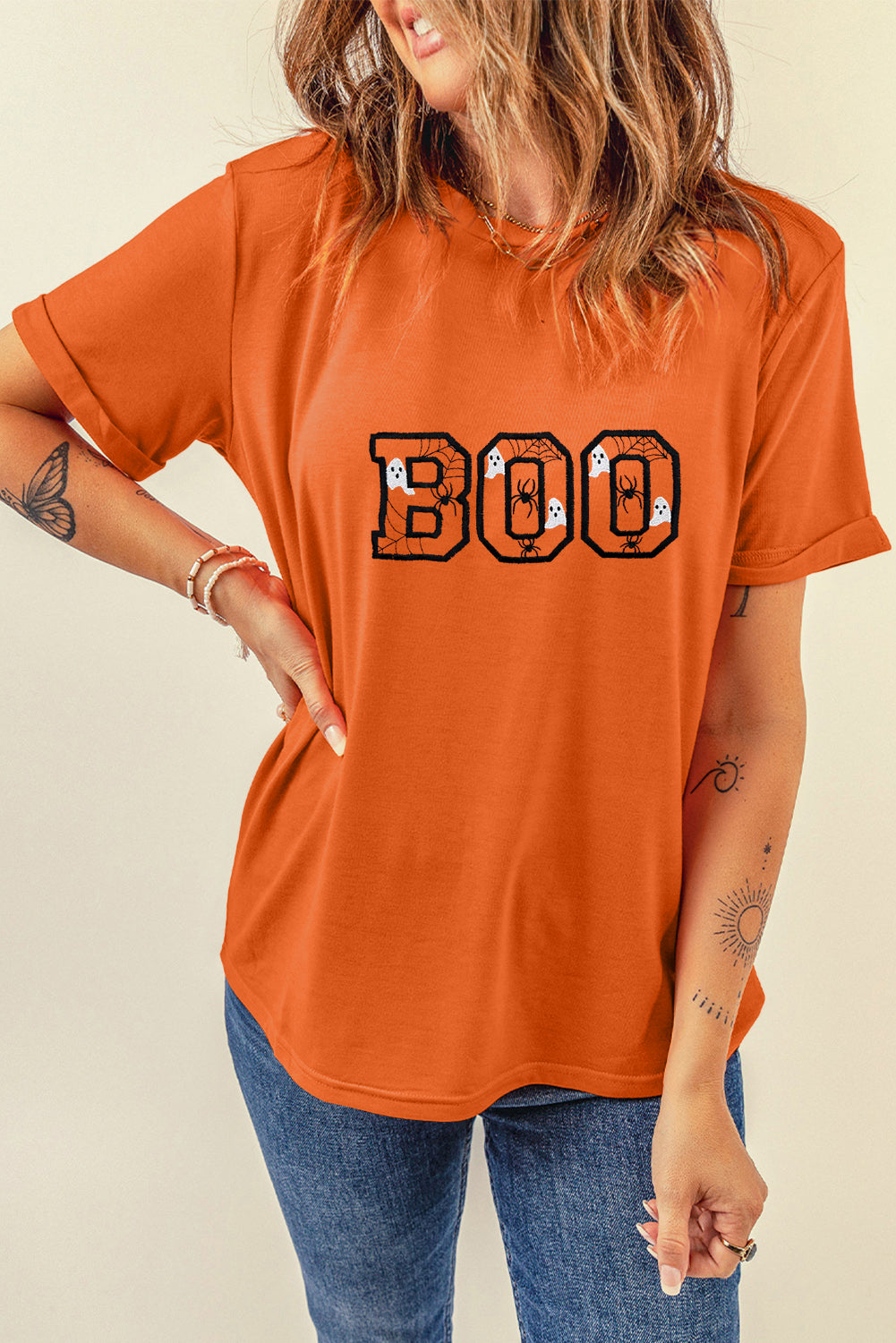 Orange BOO Halloween Ghost Sipder Embroidered Graphic Tee