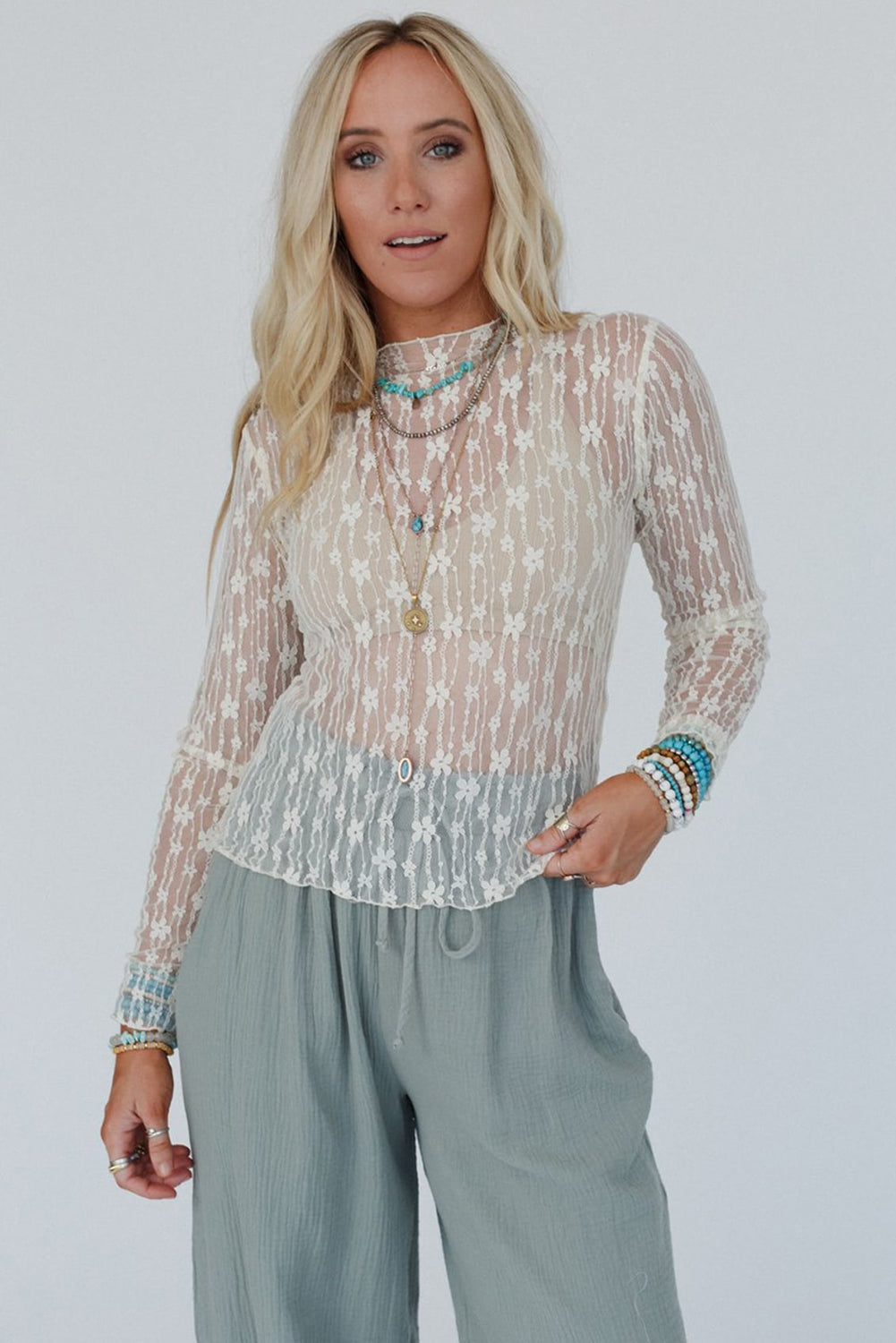 Ashleigh Blue Sheer Floral Lace Long Sleeve Slim Fit Top