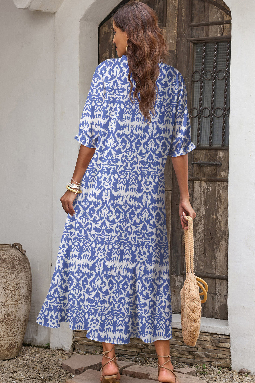 Sky Blue Geometric Print V Neck Casual Long Dress
