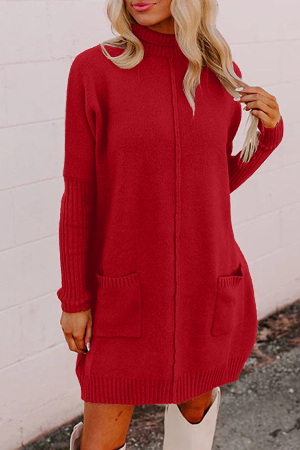 Fiery Red Ribbed High Neck Front Pockets Center Seam Sweater Dress