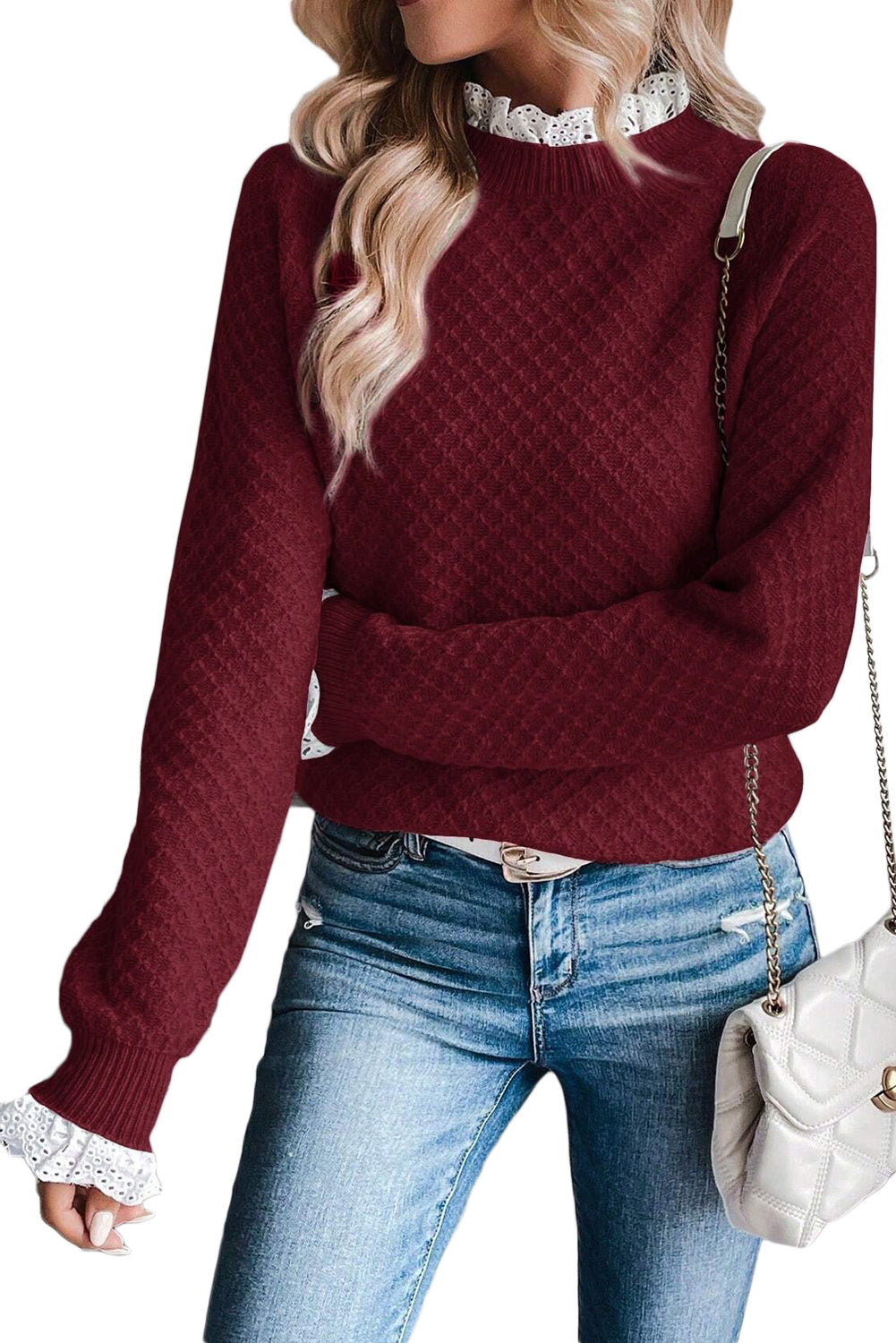 Burgundy Contrast Lace Frill Trim Raglan Sleeve Sweater