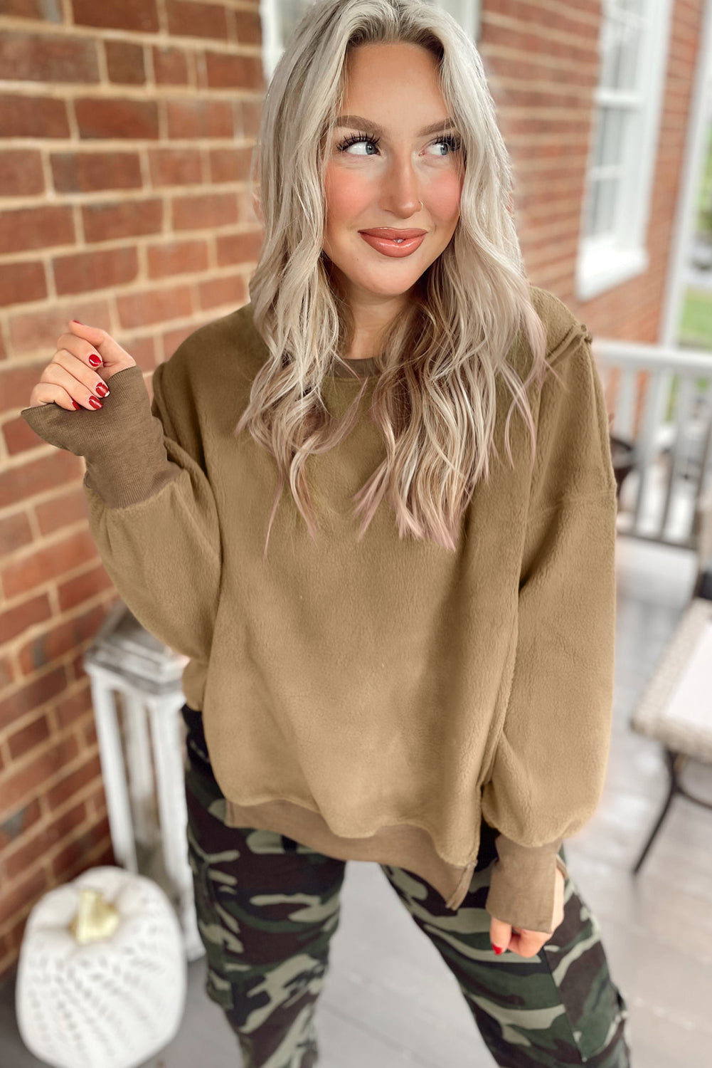 Sweat-shirt à enfiler en sherpa duveteux kaki foncé