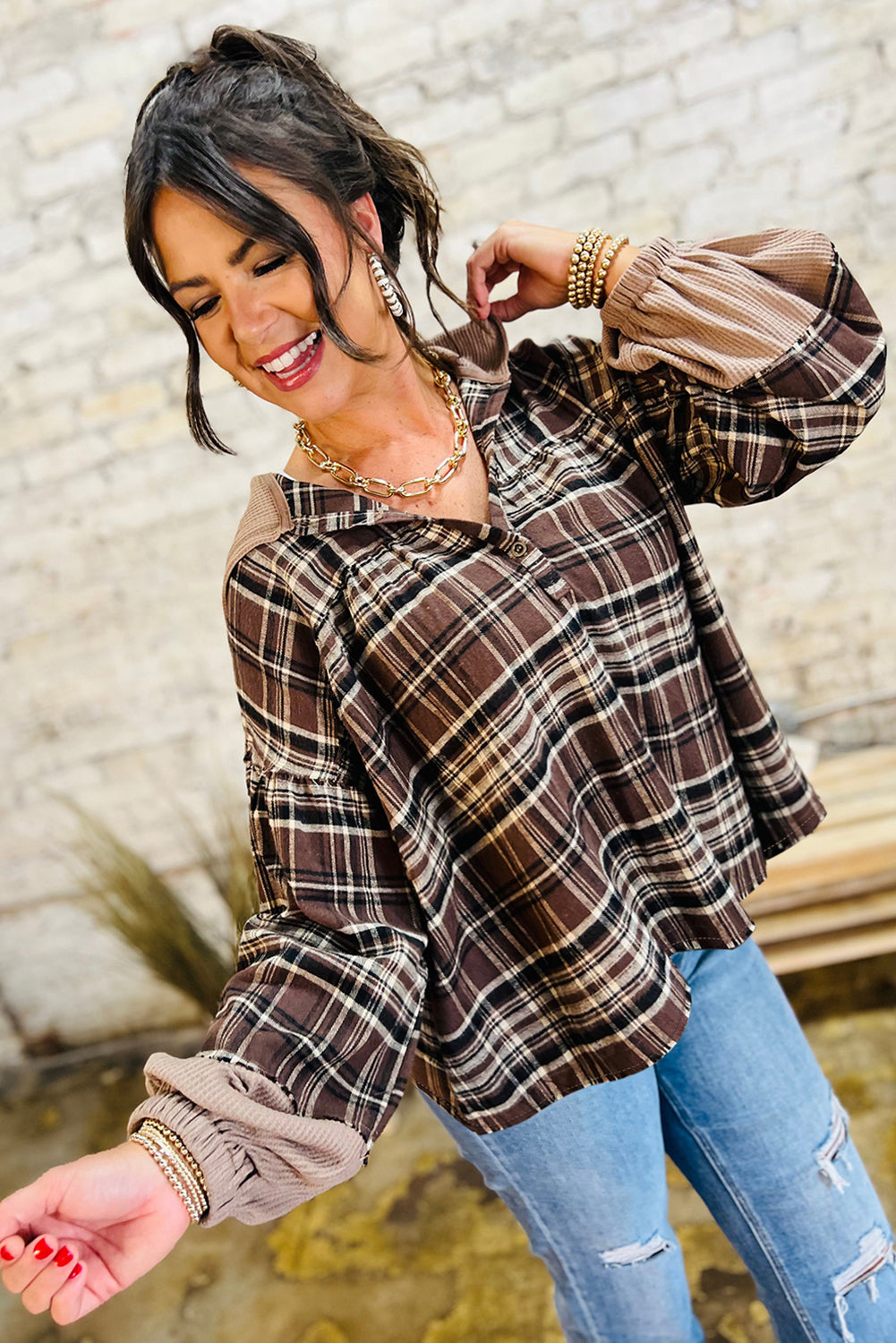 Brown Plaid Waffle Patchwork Long Sleeve Henley Hooded Top