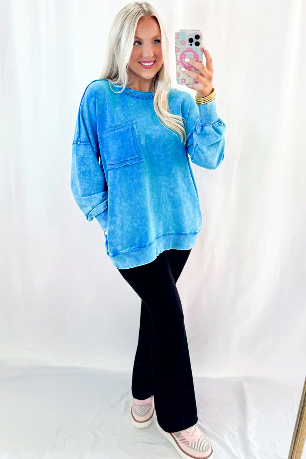 Blue Acid Washed Pocket Pullover Sweatshirt