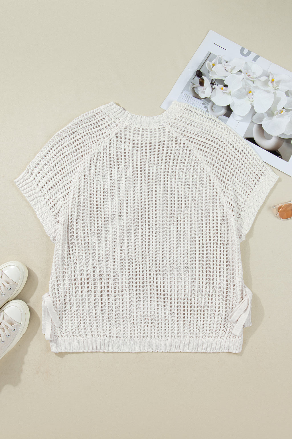 White Plus Size Open Knit Bow Tie Short Sleeve Sweater