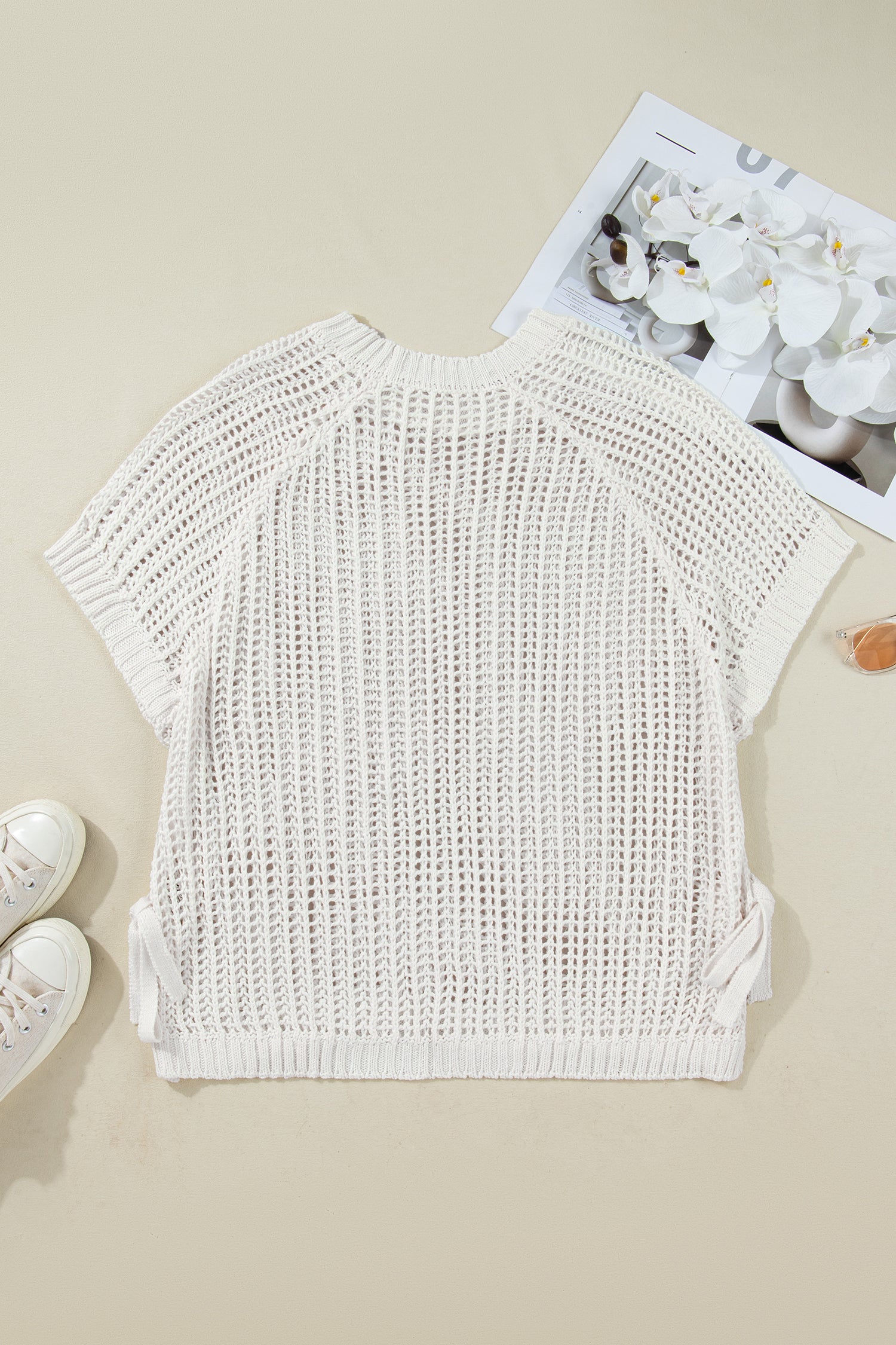 White Plus Size Open Knit Bow Tie Short Sleeve Sweater