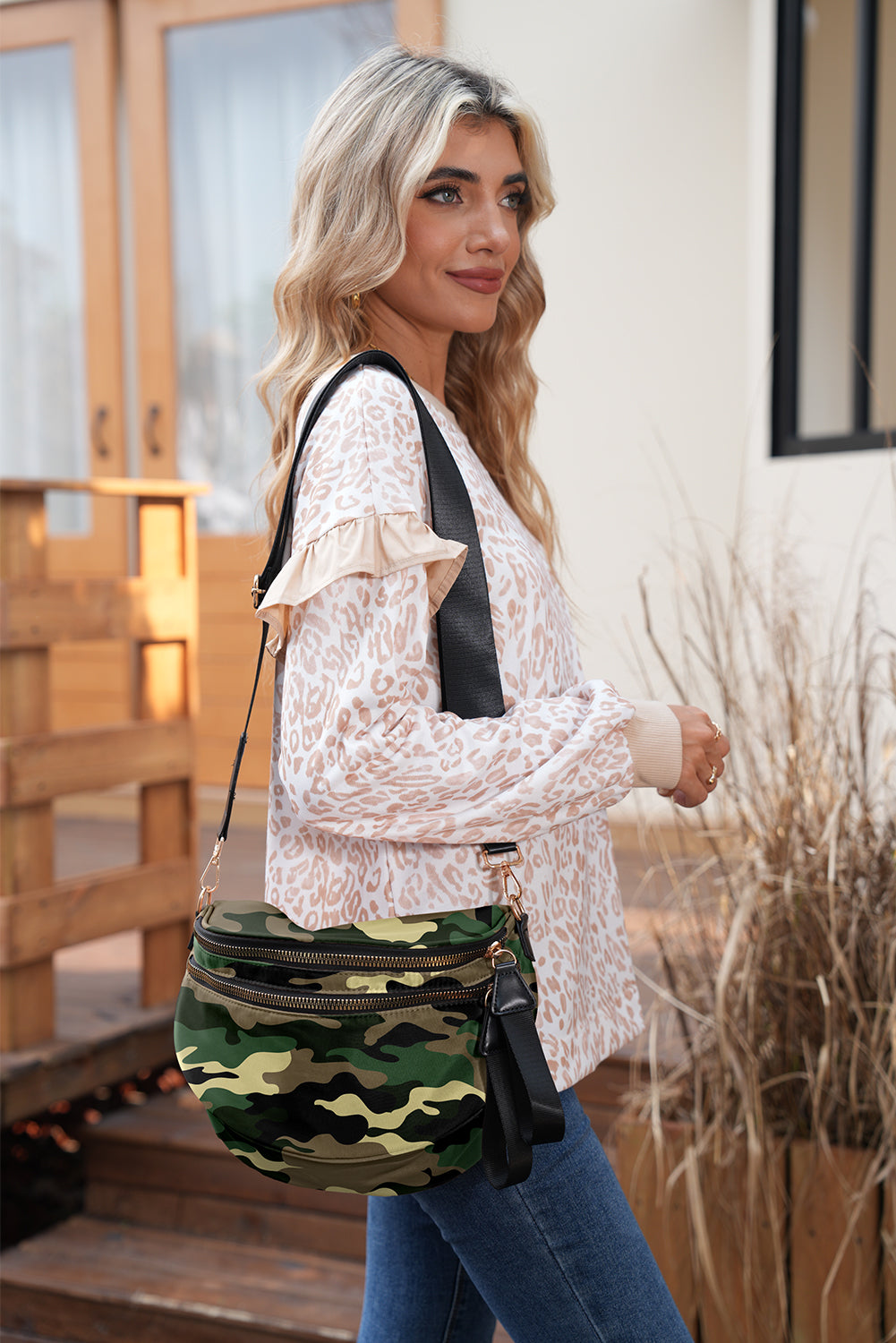 Camouflage Print Double Zipper Crossbody Bag