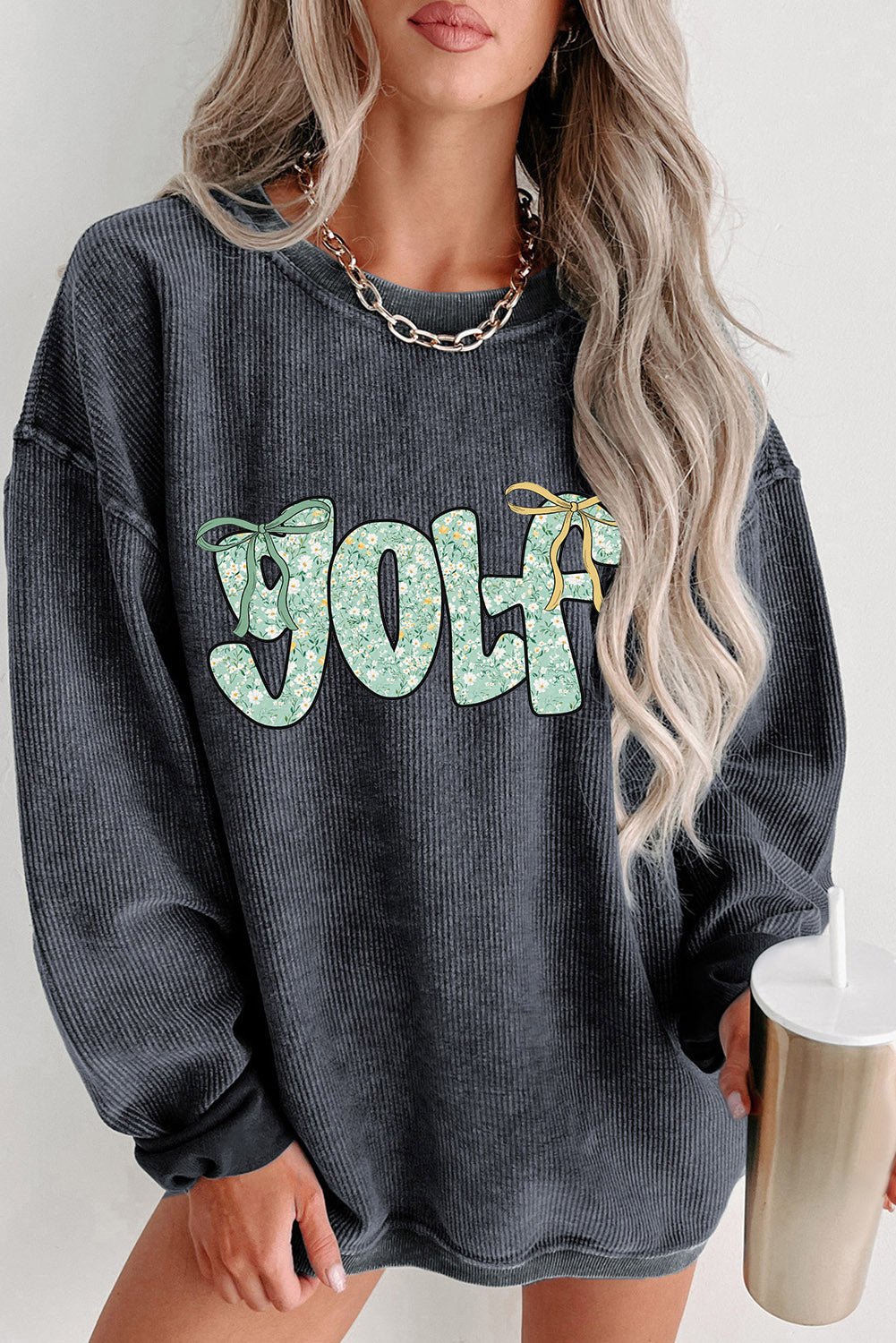 Gray Twisted Ribbed Floral GOLF Letter Bow Printed Sweatshirt