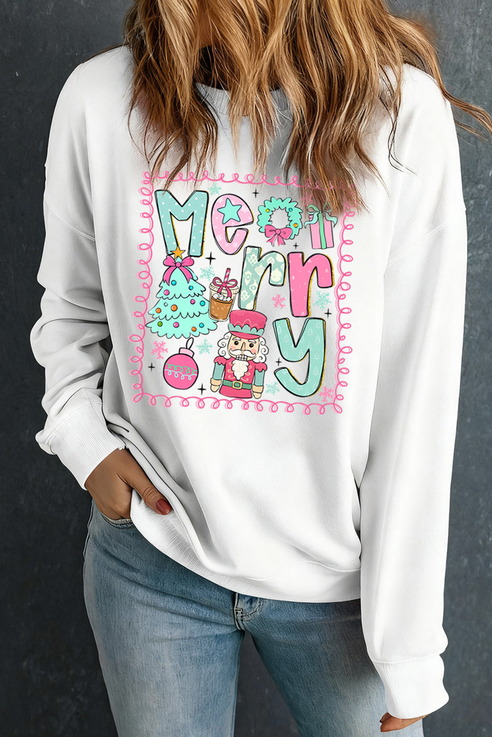 Sweat-shirt blanc en coton mélangé imprimé par transfert thermique avec motif graphique « Joyeux Noël »
