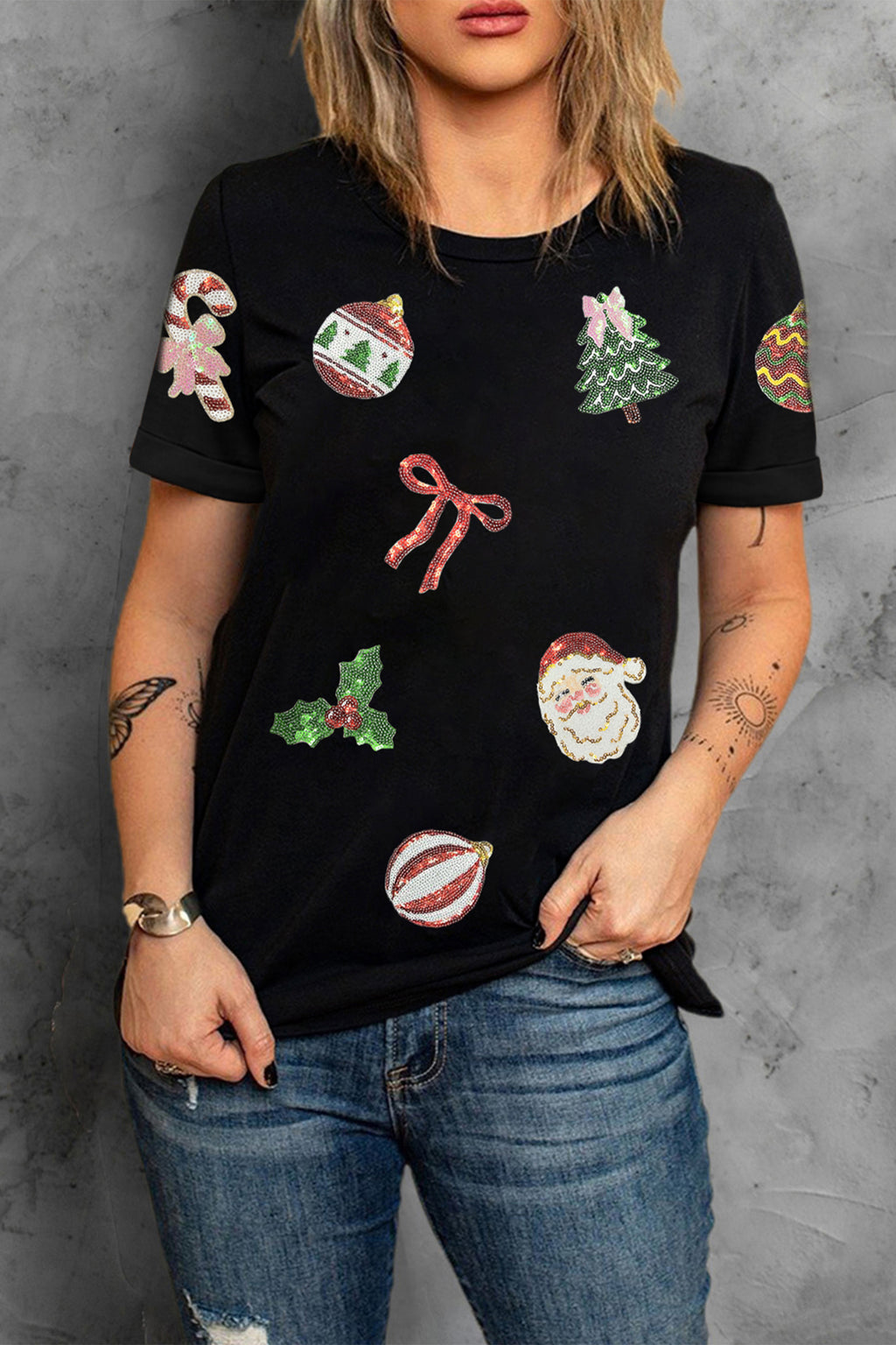Black Multi Christmas Element Sequin Patched Graphic Tee