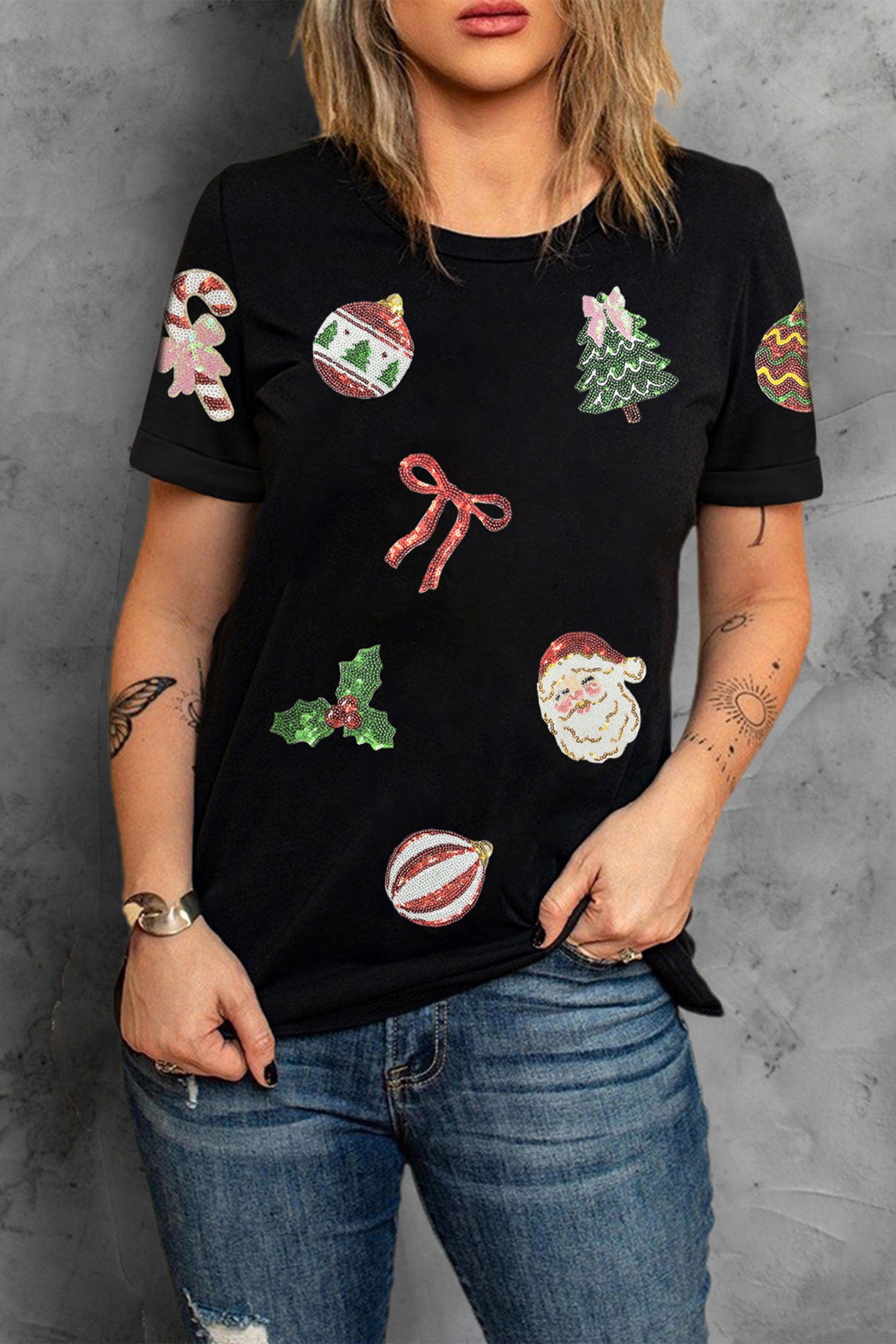 Black Multi Christmas Element Sequin Patched Graphic Tee