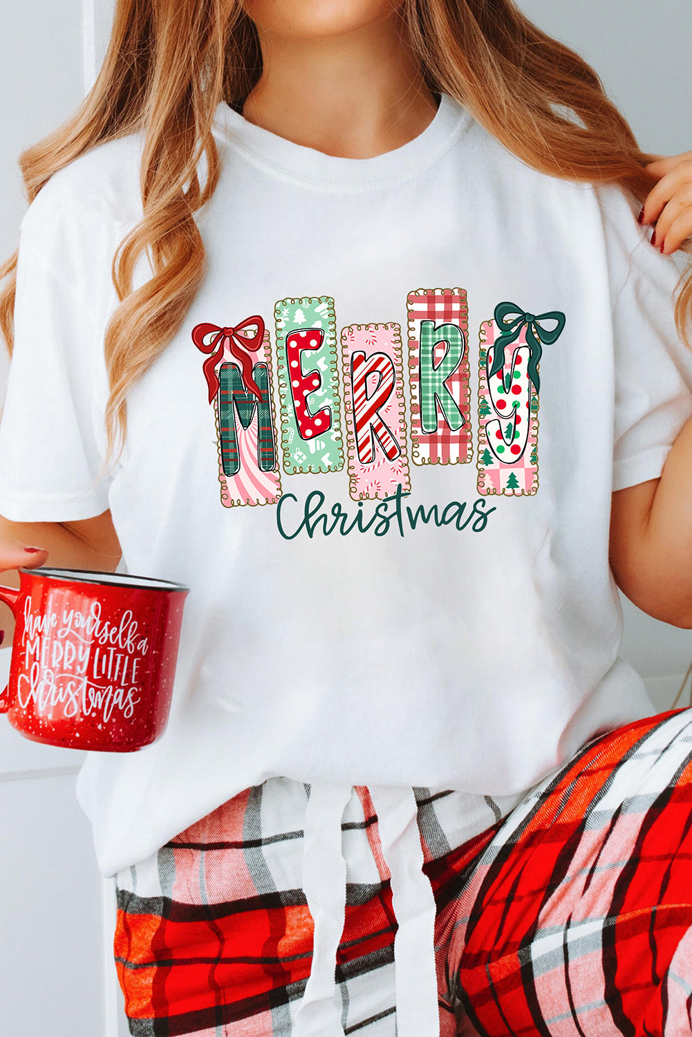 White Merry Christmas Ribbon Bow Detail Holiday Graphic Tee
