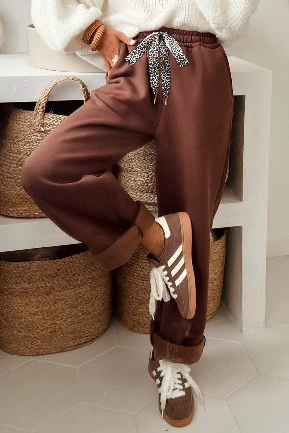 Pantalon d'hiver en polaire à cordon de serrage léopard noir