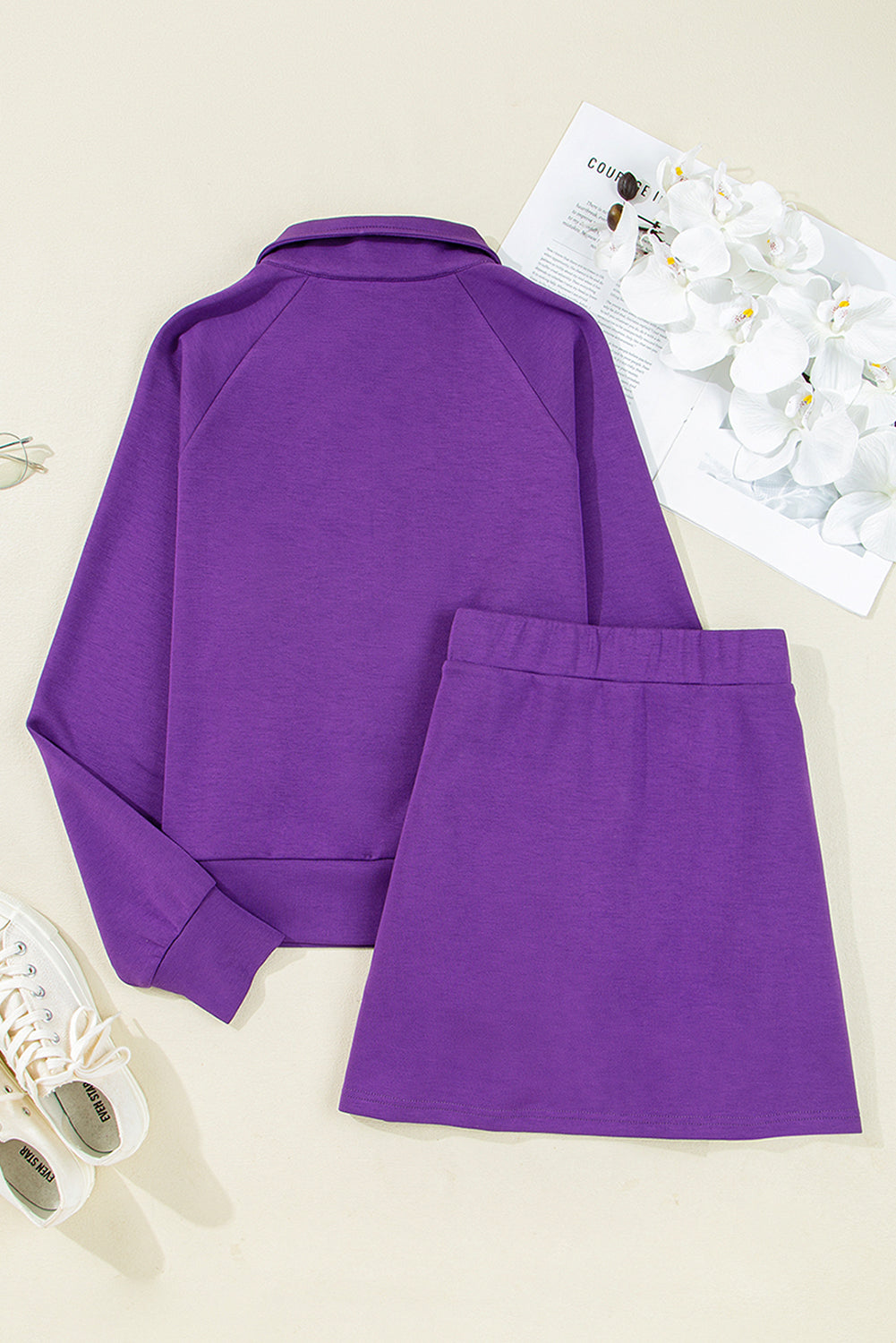 Wisteria Collar Half Zip Pullover Mini Skirt Plus Size 2pcs Set