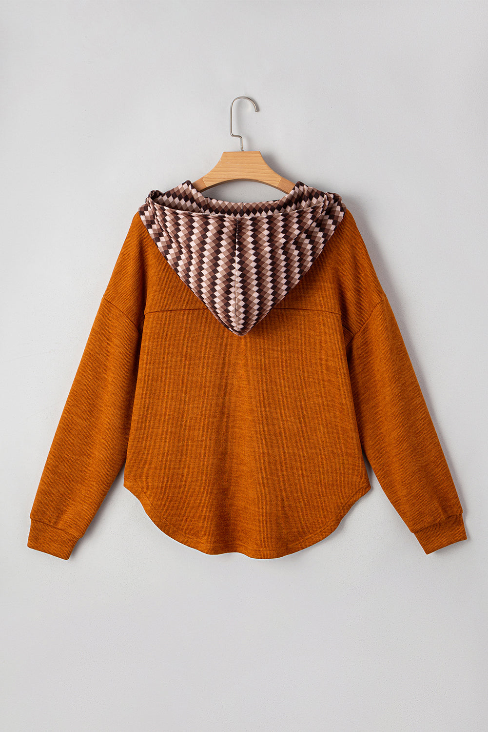 Straw Yellow Contrast Plaid Hooded Patchwork Pocket Henley Top