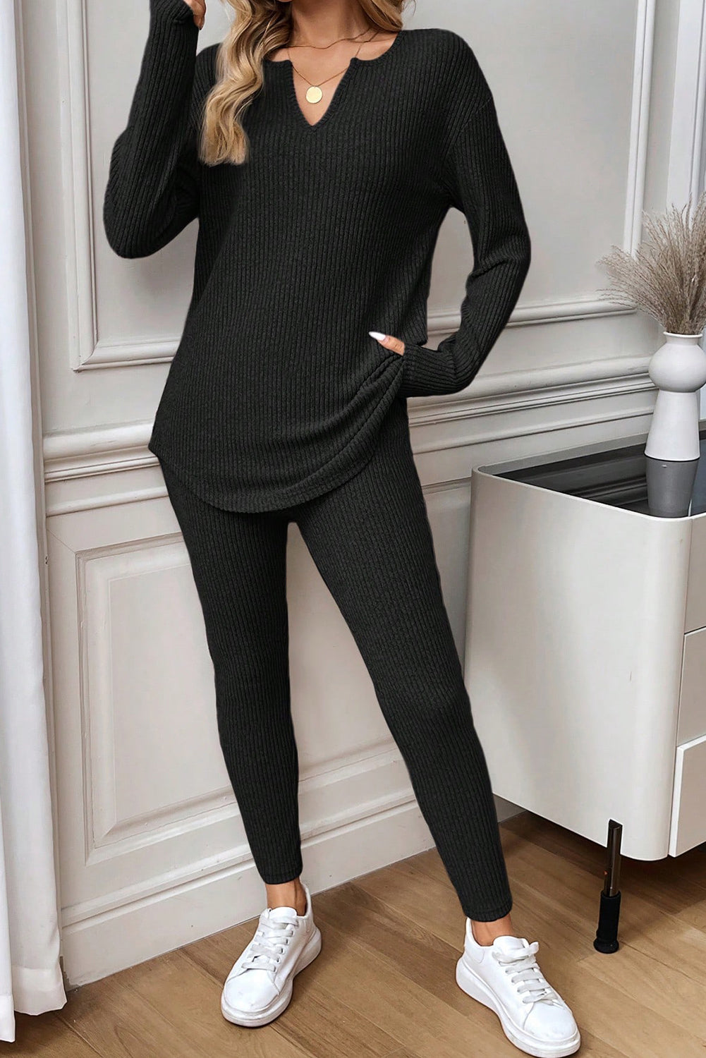 Grass Green Ribbed Notched Neck Knit Long Sleeve Leggings Two Pieces Lounge Set