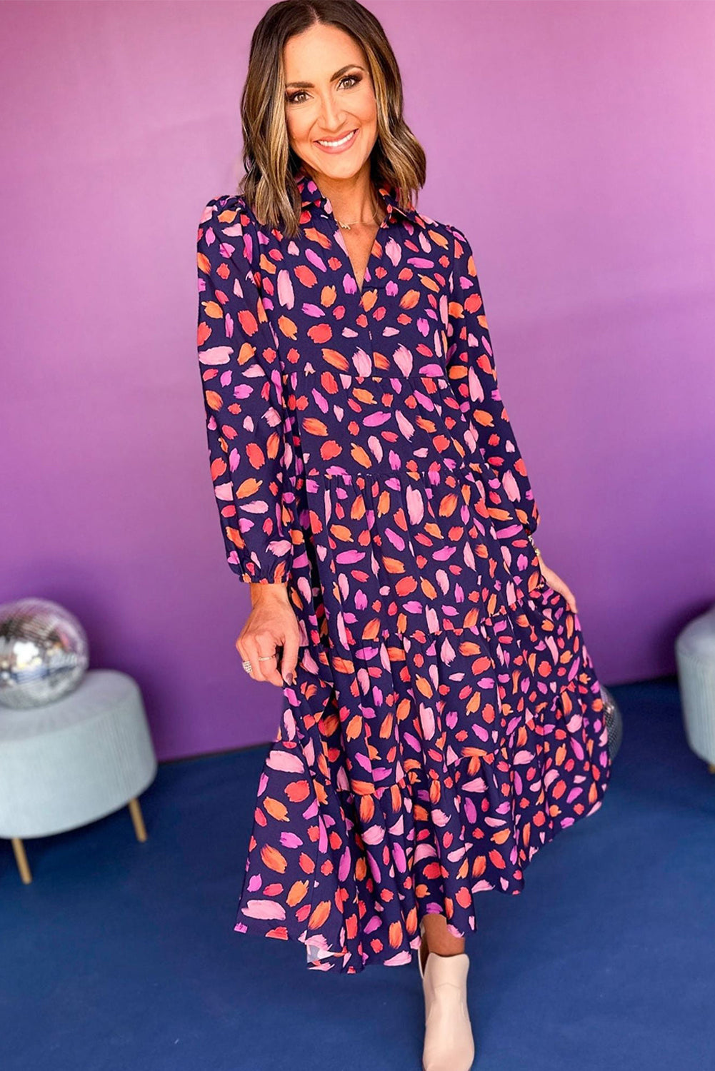 Purple Floral Print Collared Tiered Flowy Long Dress