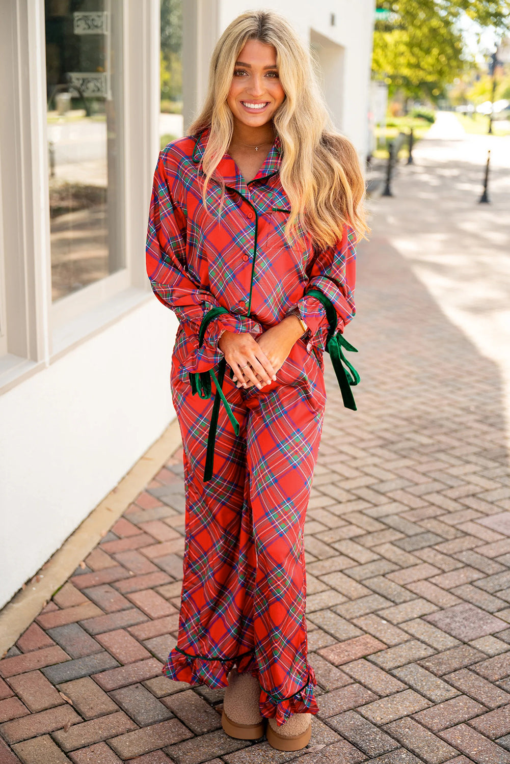 Fiery Red Christmas Plaid Satin Pajama Set