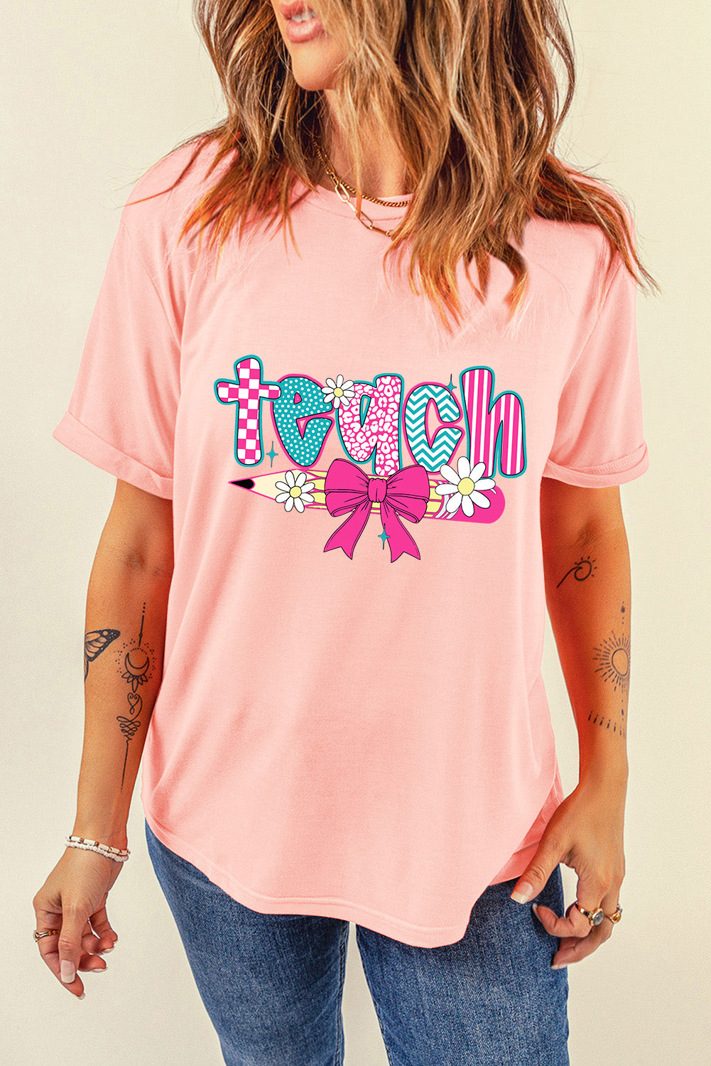 Pink Retro Checkered teach and Bow Pencil Graphic T Shirt