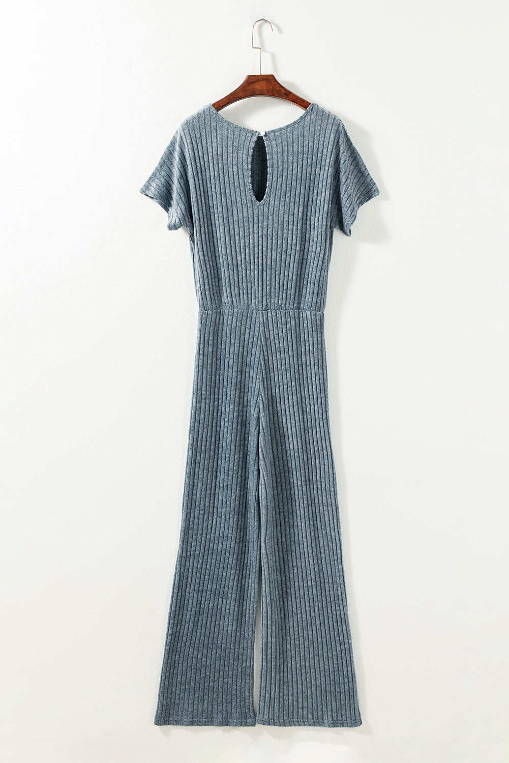 Dusk Blue Ribbed Keyhole Short Sleeve Wide Leg Jumpsuit