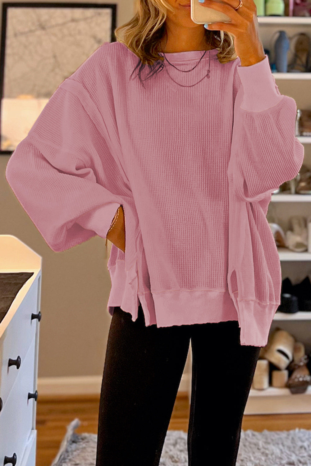 Sweat-shirt oversize fendu à manches évasées et gaufrées rose