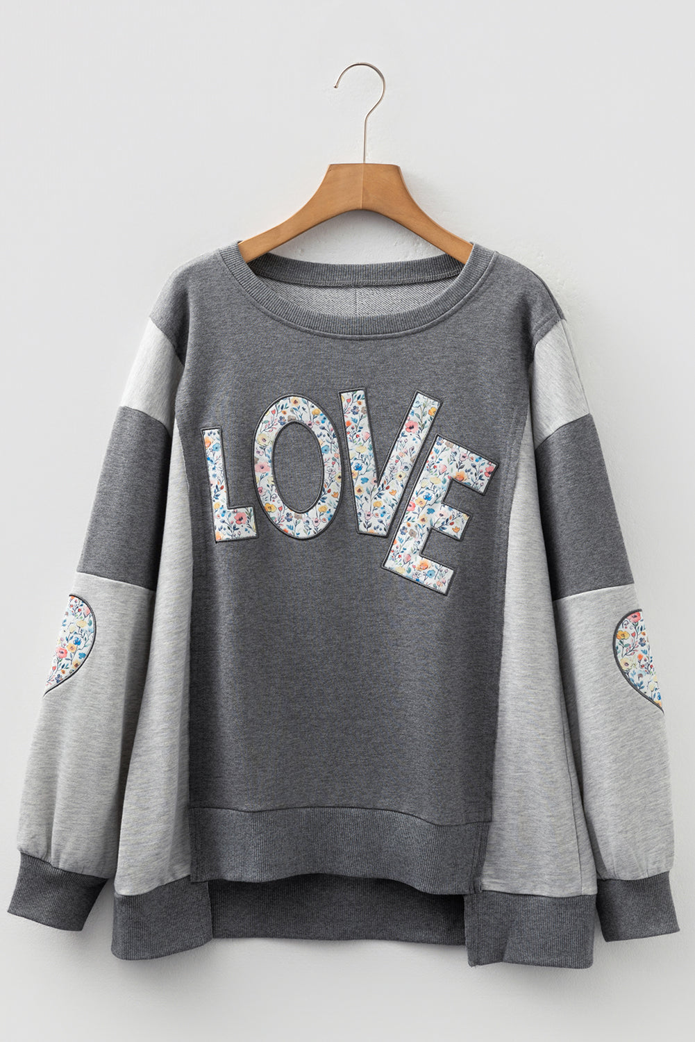 Dark Grey Floral LOVE Graphic Patchwork Uneven Hem Sweatshirt