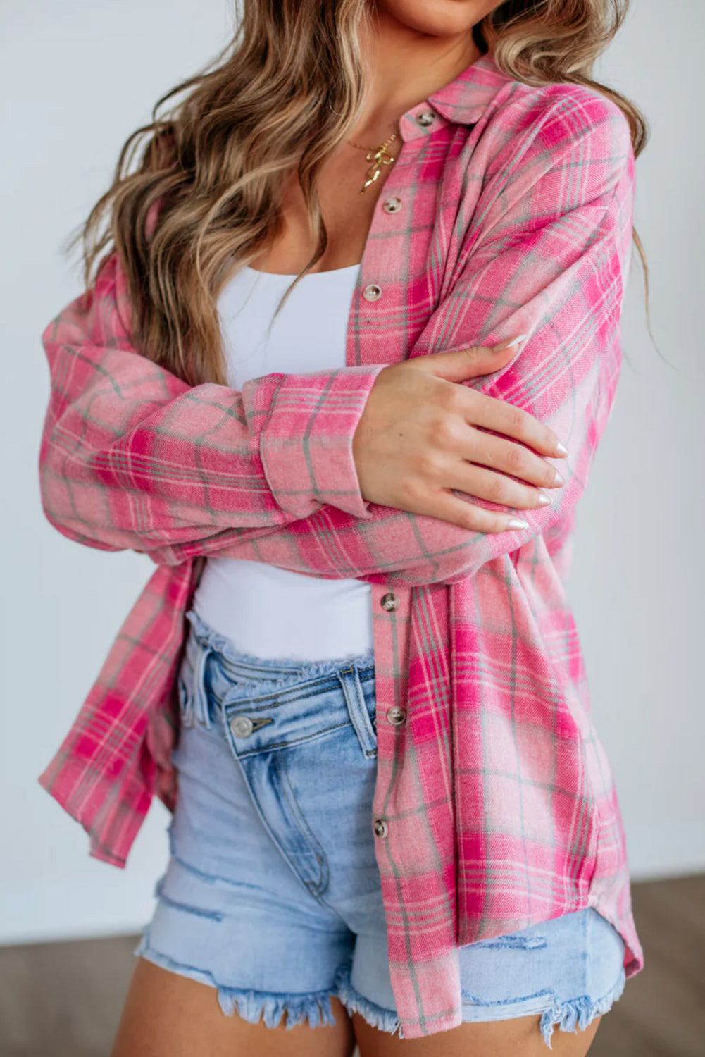 Sachet Pink Plaid Rounded Hem Long Sleeve Shirt