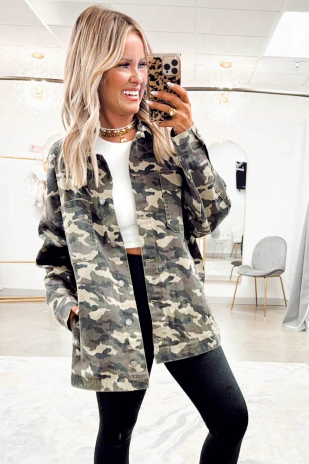 Green Camo Chest Pockets Loose Denim Jacket