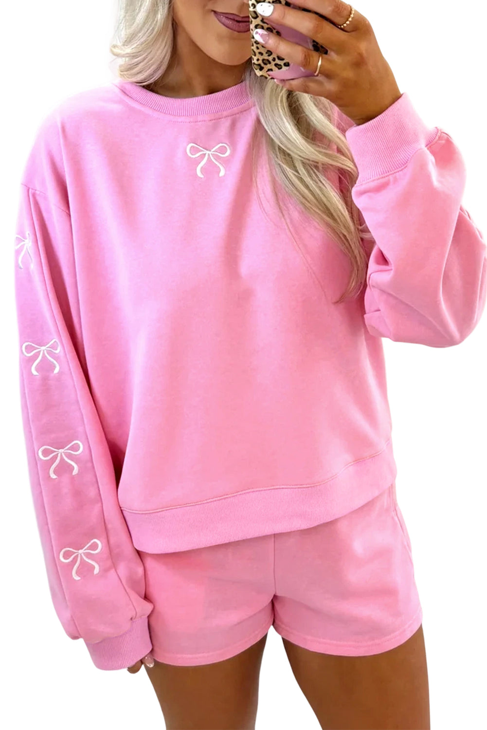 Sachet Pink Bow Embroidery Long Sleeve Pullover and High Waist Shorts Set