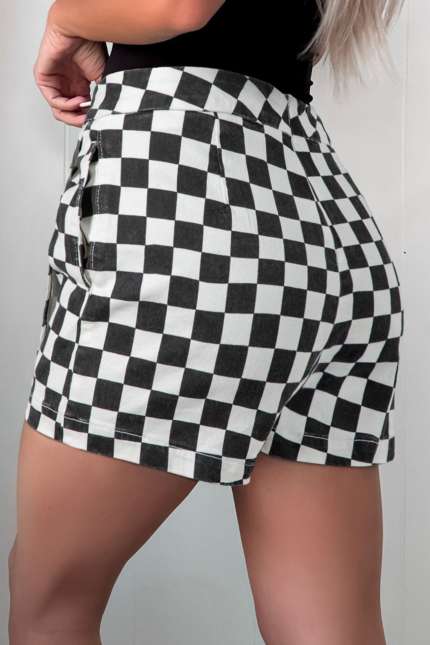 Black Checkered Print Overlap Denim Shorts