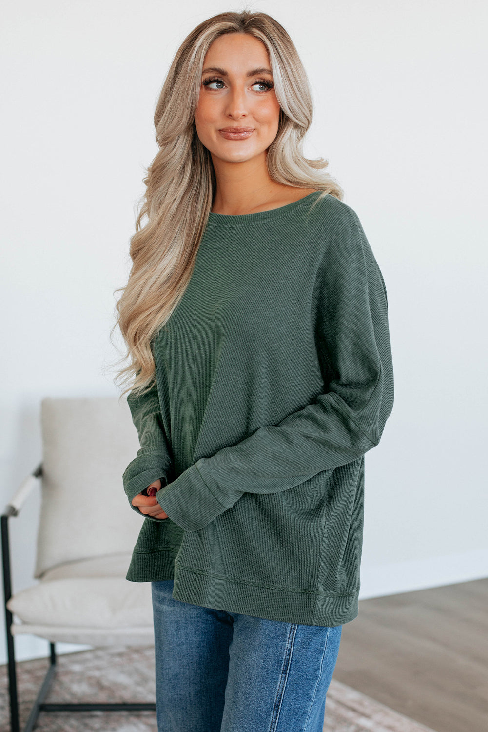 Mist Green Ribbed Plain Long Sleeve Loose Top