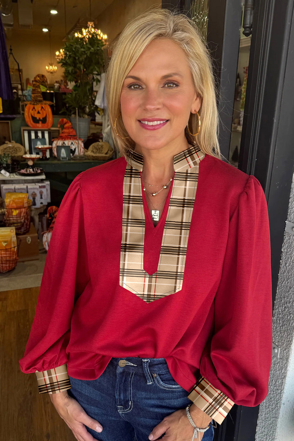 Racing Red Contrast Plaid Patchwork V Neck Long Sleeve Blouse