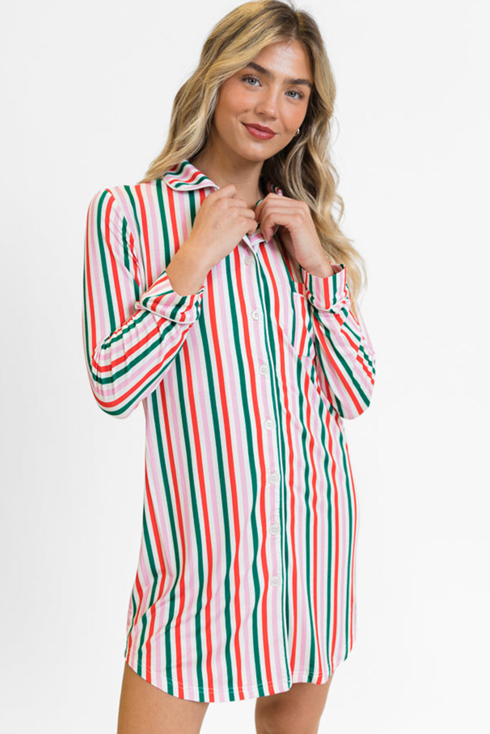 Pink Stripe Christmas Long Sleeve Shirt Style Sleep Dress