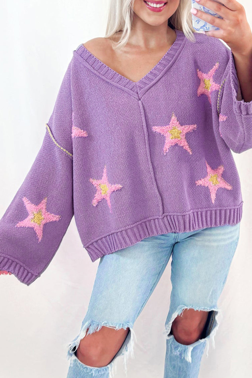 Pull oversize à col en V et épaules tombantes, motif étoile brossé Lavendula